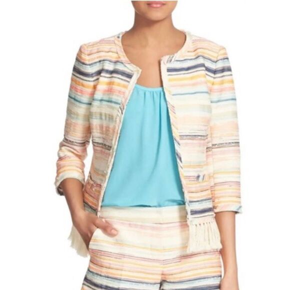 Trina Turk Women’s Size 6 Small Nani Stripe Woven Jacket Blazer Fringe Hem Neon - Picture 2 of 13